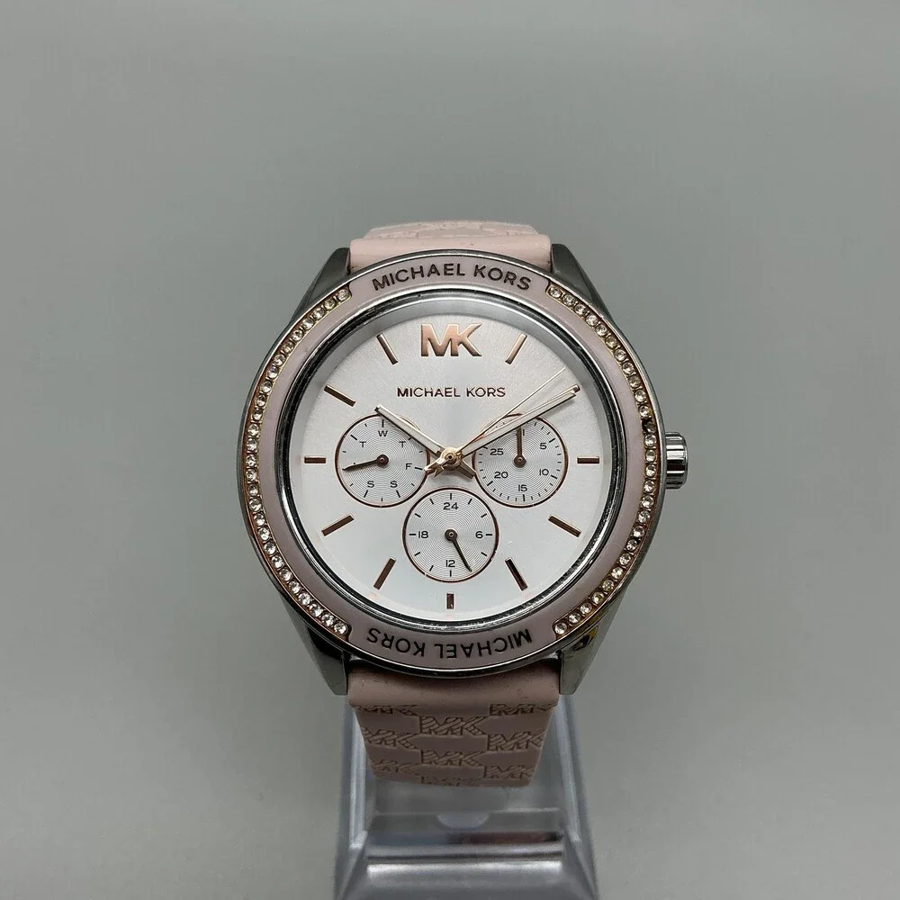 Michael Kors Womens Watch 40mm Silver Tone Pink Crystals Day Date Silicone Band